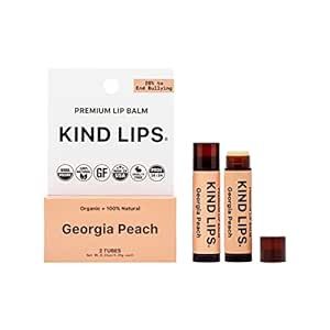 Kind Lips Lip Balm, Nourishing Soothing Lip Moisturizer for Dry Cracked Chapped Lips, Made in Usa With 100% Natural USDA Organic Ingredients, Georgia Peach Scent, 0.15 Ounce (Pack of 2)
