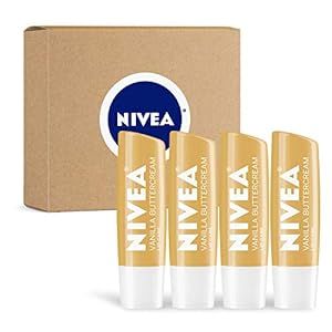 NIVEA Vanilla Buttercream Lip Care - All Day Moisturizing Lip Balm for Soft Lips - Pack of 4
