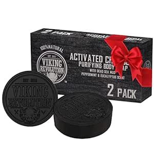 Viking Revolution Skin Cleaning Agent Activated Charcoal Soap for Men w/Dead Sea Mud, Body and Face, Cleanser,Cleansing Blackheads - Peppermint & Eucalyptus Scent 1 Fl Oz (Pack of 2)