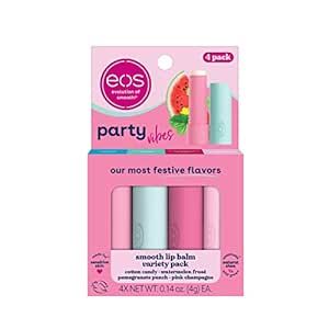eos Party Vibes Lip Balm Variety Pack- Cotton Candy, Watermelon Frose, Pomegranate Punch & Pink Champagne, All-Day Moisture Lip Care Products, 0.14 oz, 4-Pack