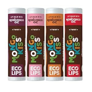 Eco Lips Mongo Kiss Organic Lip Balm 4 Pack Blood Orange, Yumberry, Strawberry Lavender, Black Cherry - 100 Percent USDA Organic - Soothe, Moisturize Dry