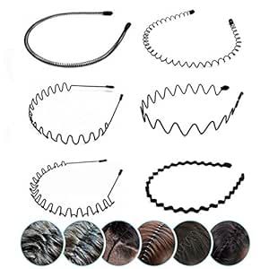 JERLITU Elastic Wavy Spring Wave Hair Band, Multi-Style Black Non-slip Metal Hair Hoop, Unisex Sport Fashion Hair Band Accessories for Women and Men 6 Pcs