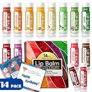 Yopela 14 Pack Natural Lip Balm in Bulk with Vitamin E and Coconut Oil - Moisturizing, Soothing, and Repairing Dry and Chapped Lips - 14 Flavors - Non-GMO - With Gift Card