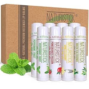8-Pack Lip Balm Gift Set by Naturistick. Assorted Flavors. 100% Natural Ingredients. Best Beeswax Chapsticks for Dry, Chapped Lips. Made in USA for Men, Women and Children