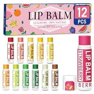 DMSKY Lip Balm Bulk Colorful 12 Pack, 100% Natural Lip Balm Pack with Vitamin E and Coconut Oil, Moisturizing Soothing Lip Balm for Chapped Lips