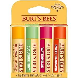Burt's Bees Lip Balm Stocking Stuffers, Moisturizing Lip Care Christmas Gifts, Freshly Picked - Original Beeswax, Cucumber Mint, Watermelon, & Sweet Mandarin, 100% Natural (4-Pack)